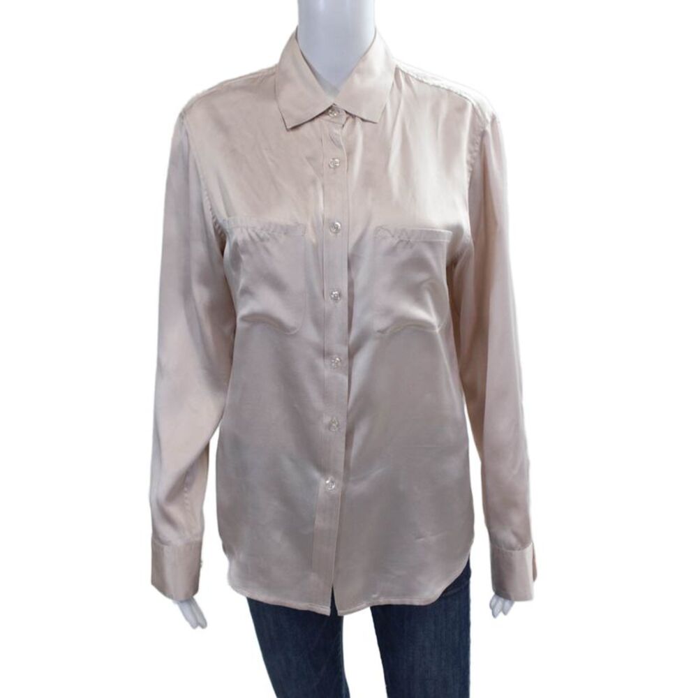 Gilber Gilmore Women Basic Button-Up Silk Collared Solid Long Sleeve Top Size S